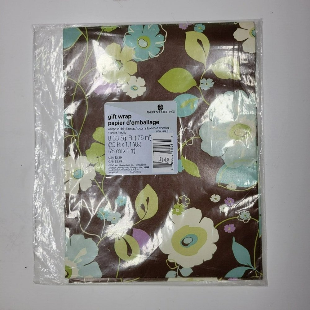 Vintage American Greetings Gift Wrap FLORAL PATTERN Brown NEW SEALED One Sheet